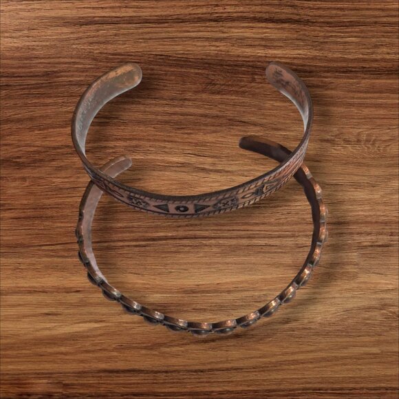 Solid Copper Vintage Cuff Bracelets Set Of 2 With Embossed Tribal & Scalloped De - Picture 3 of 8